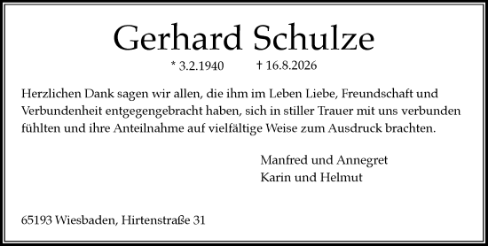 Traueranzeige von Gerhard Schulze von Wiesbadener Kurier