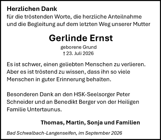 Traueranzeige von Gerlinde Ernst von Rheingau-Taunus-Kreis Wochenblatt