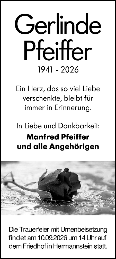 Traueranzeige von Gerlinde Pfeiffer von Wetzlarer Neue Zeitung