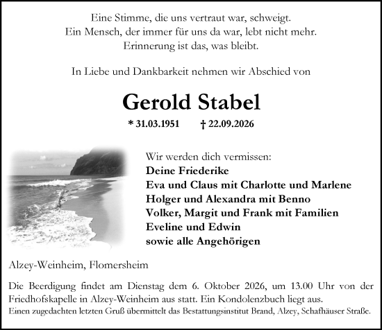 Traueranzeige von Gerold Stabel von Allgemeine Zeitung Alzey