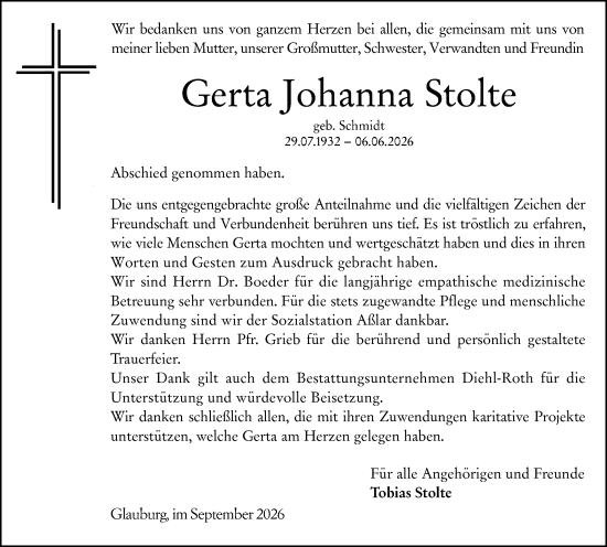 Traueranzeige von Gerta Johanna Stolte von Wetzlarer Neue Zeitung