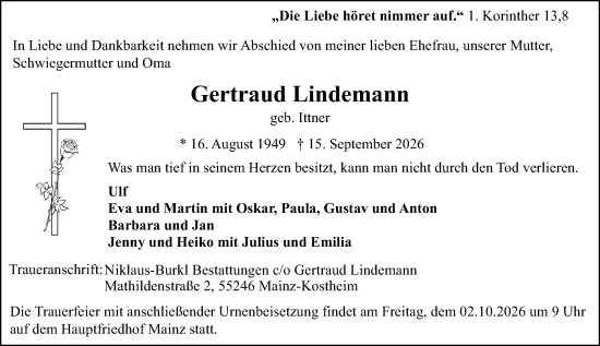 Traueranzeige von Gertraud Lindemann von Allgemeine Zeitung Mainz