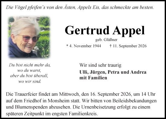 Traueranzeige von Gertrud Appel von Wormser Zeitung