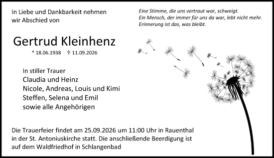 Traueranzeige von Gertrud Kleinhenz von Rheingau Kurier