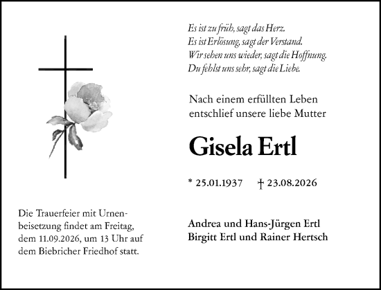 Traueranzeige von Gisela Ertl von Wiesbadener Kurier