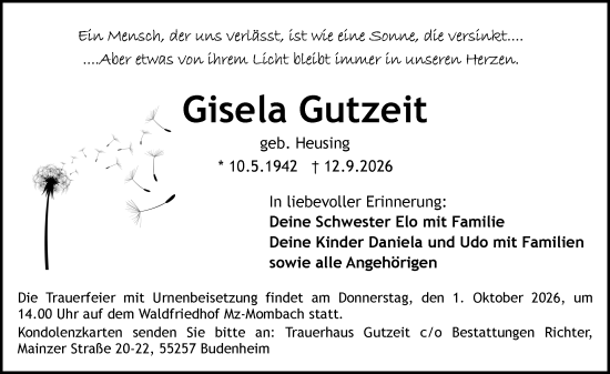 Traueranzeige von Gisela Gutzeit von Allgemeine Zeitung Mainz