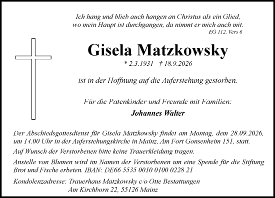 Traueranzeige von Gisela Matzkowsky von Allgemeine Zeitung Mainz