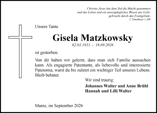Traueranzeige von Gisela Matzkowsky von Allgemeine Zeitung Mainz