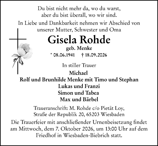 Traueranzeige von Gisela Rohde von Wiesbadener Kurier