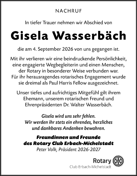 Traueranzeige von Gisela Wasserbäch von Odenwälder Echo