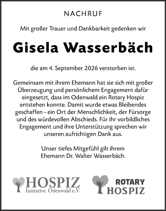 Traueranzeige von Gisela Wasserbäch von Odenwälder Echo
