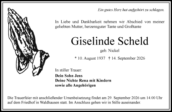 Traueranzeige von Giselinde Scheld von Weilburger Tageblatt