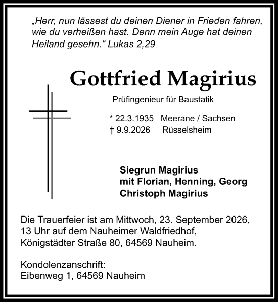 Traueranzeige von Gottfried Magirius von Rüsselsheimer Echo