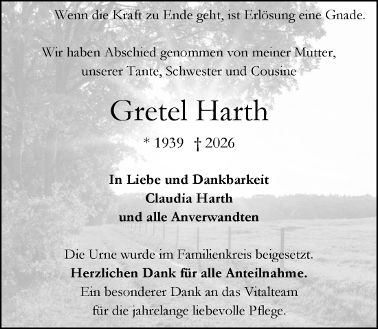 Traueranzeige von Gretel Harth von Dill Block