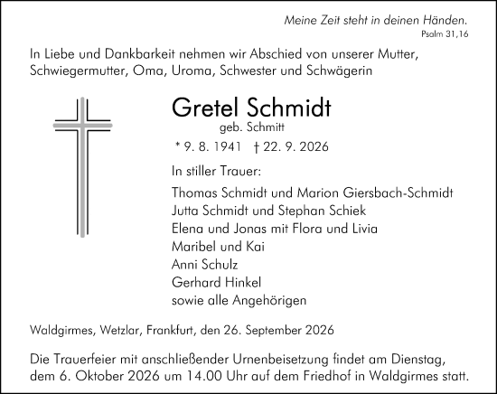 Traueranzeige von Gretel Schmidt von Wetzlarer Neue Zeitung