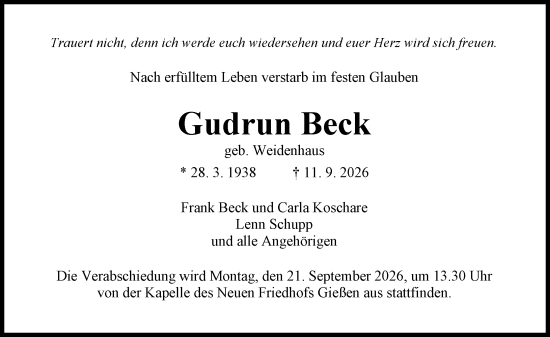 Traueranzeige von Gudrun Beck von Wetzlarer Neue Zeitung