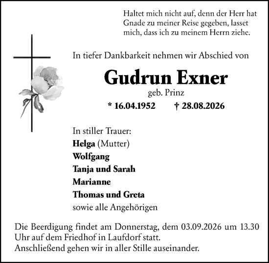 Traueranzeige von Gudrun Exner von Wetzlarer Neue Zeitung