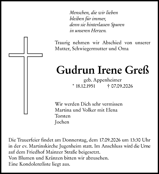 Traueranzeige von Gudrun Irene Greß von Allgemeine Zeitung Mainz