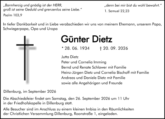 Traueranzeige von Günter Dietz von Dill Block