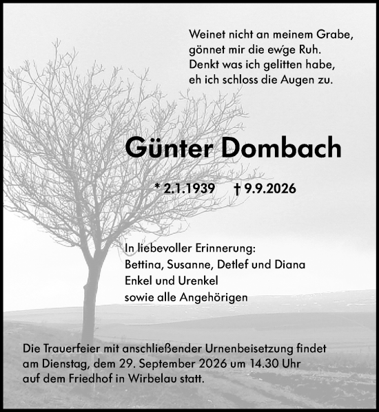 Traueranzeige von Günter Dombach von Weilburger Tageblatt