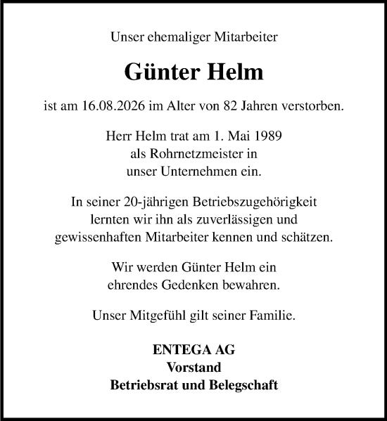 Traueranzeige von Günter Helm von Odenwälder Echo