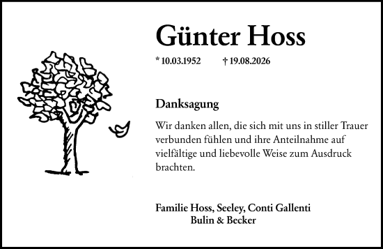 Traueranzeige von Günter Hoss von Allgemeine Zeitung Mainz