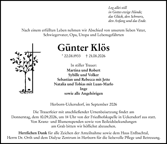 Traueranzeige von Günter Klös von Dill Block