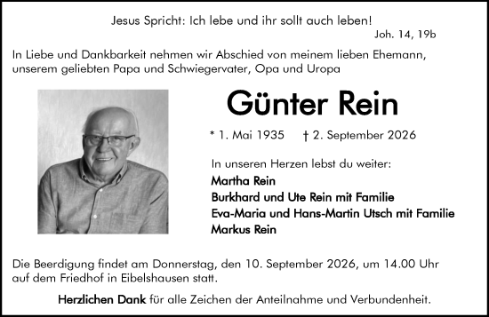 Traueranzeige von Günter Rein von Dill Block