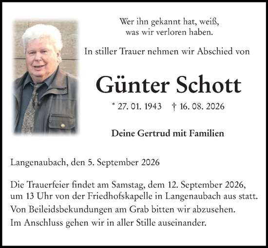 Traueranzeige von Günter Schott von Dill Block