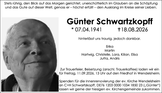 Traueranzeige von Günter Schwartzkopff von Allgemeine Zeitung Alzey