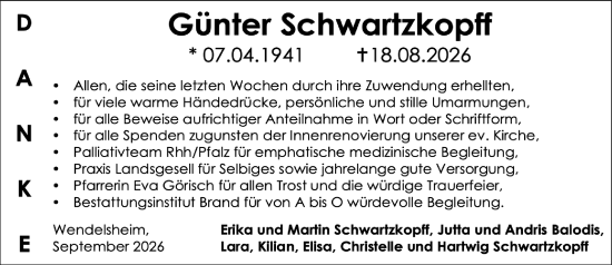 Traueranzeige von Günter Schwartzkopff von Allgemeine Zeitung Alzey