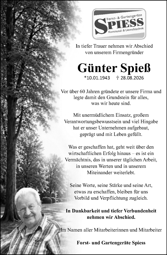 Traueranzeige von Günter Spieß von Wetzlarer Neue Zeitung