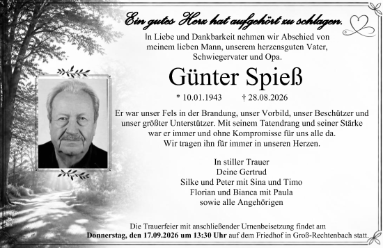 Traueranzeige von Günter Spieß von Wetzlarer Neue Zeitung