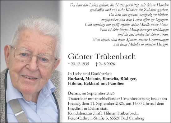 Traueranzeige von Günter Trübenbach von Camberger Anzeiger