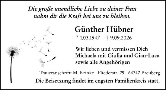 Traueranzeige von Günther Hübner von Odenwälder Echo