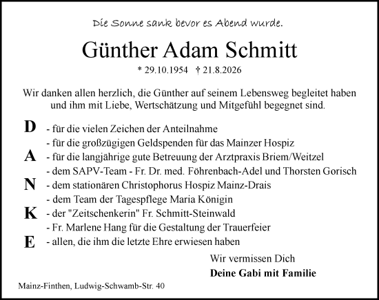 Traueranzeige von Günther Adam Schmitt von Allgemeine Zeitung Mainz