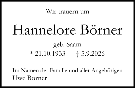 Traueranzeige von Hannelore Börner von Allgemeine Zeitung Rheinhessen-Nahe