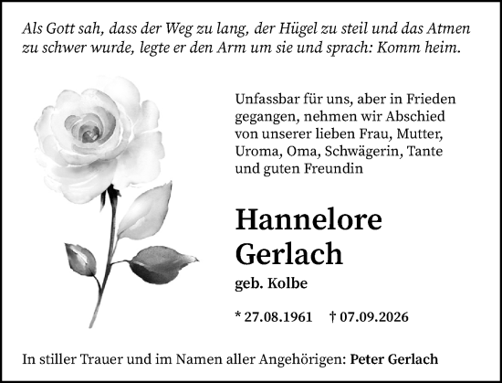 Traueranzeige von Hannelore Gerlach von Dill Block