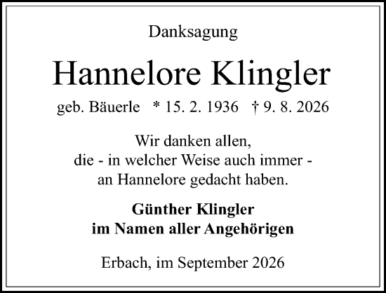 Traueranzeige von Hannelore Klingler von Odenwälder Echo
