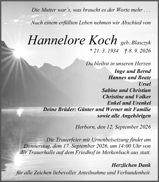 Traueranzeige von Hannelore Koch von Dill Block