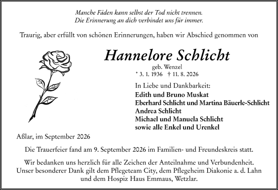 Traueranzeige von Hannelore Schlicht von Wetzlarer Neue Zeitung