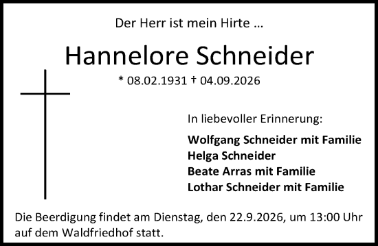 Traueranzeige von Hannelore Schneider von Darmstädter Echo