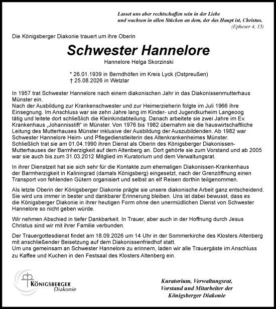 Traueranzeige von Hannelore Helga Skorzinski von Wetzlarer Neue Zeitung