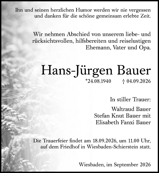 Traueranzeige von Hans-Jürgen Bauer von Wiesbadener Kurier