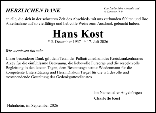 Traueranzeige von Hans Kost von Allgemeine Zeitung Mainz