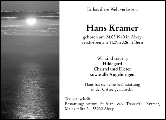 Traueranzeige von Hans Kramer von Allgemeine Zeitung Alzey