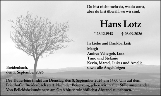 Traueranzeige von Hans Lotz von Hinterländer Anzeiger