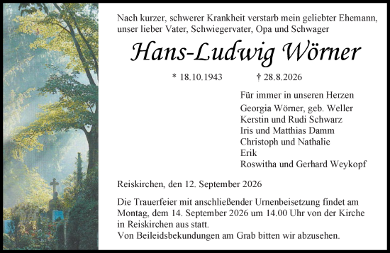 Traueranzeige von Hans-Ludwig Wörner von Wetzlarer Neue Zeitung