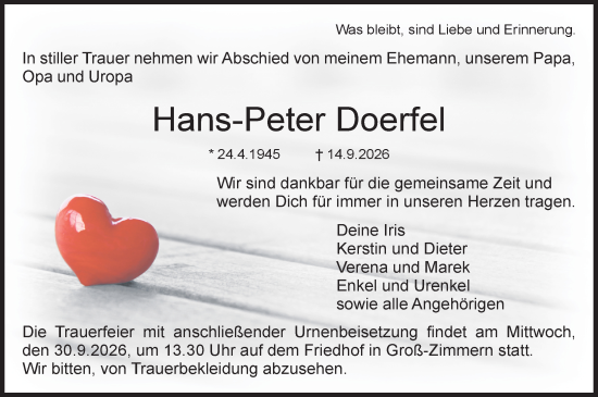 Traueranzeige von Hans-Peter Doerfel von Dieburger Anzeiger/Groß-Zimmerner Lokal-Anzeiger