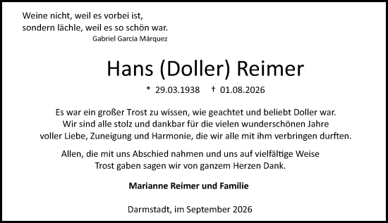 Traueranzeige von Hans Reimer von Darmstädter Echo